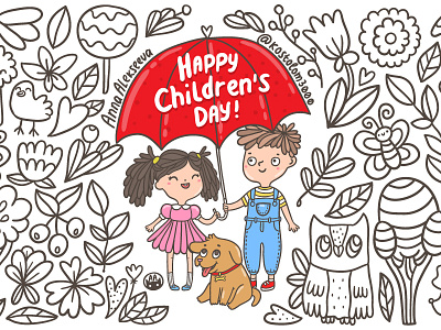 1 june - Happy Children's day art children dog doodle drawing hand drawn illustration kids owl pattern umbrella vector