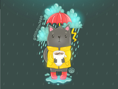 Rainy day and coffee art cat character coffee drawing drink food hand drawn illustration kids print vector