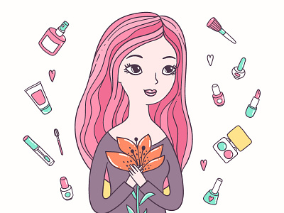Girl vector cartoon cosmetics cute flowers girl lipstick make up makeup mascara nail polish