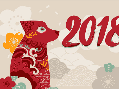 Oriental dog illustration - 2018 Chinese New Year postcard.