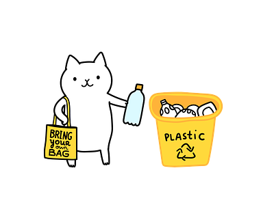 White cat recycles plastics art cartoon cat illustration characer cute drawing ecologic ecology environment illustration plastic recycle recycling reduce reuse recycle vector zero waste