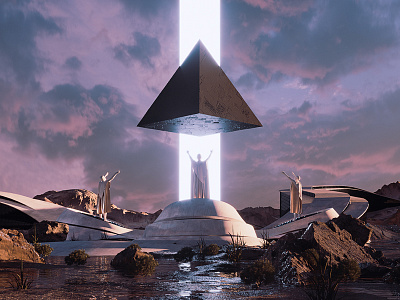 rise. 3d 3dart abstract cgi colorful digitalart geometry illustration light mountains people pyramid reflection render sky teleport texture utopia