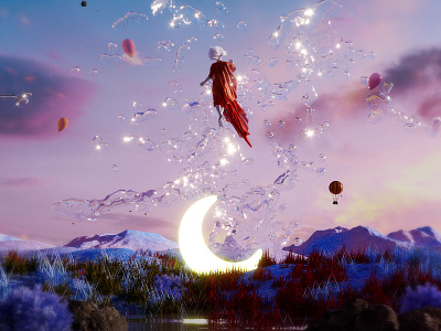 floating. 3d 3dart abstract cgi colorful digitalart dreamy dress floating illustration mountain render sky surrealism water wind
