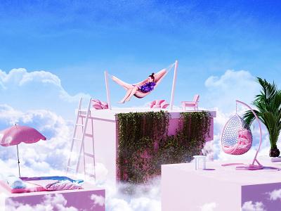 eoni. 3d 3dart abstract blue cgi chair colorful digitalart floating hammock illustration render sky umbrella