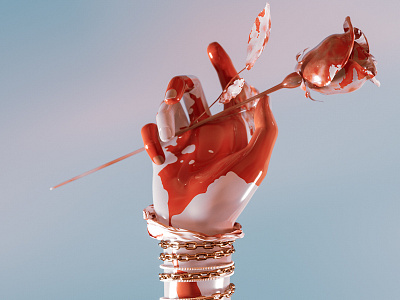 wounded. 3d 3d art 3dart abstract blend blood cgi chain chrome colorful digitalart gold hand illustration render rope rose rose gold shapes sky