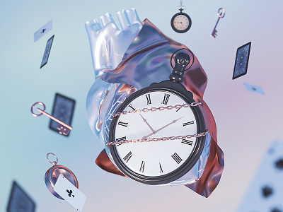 out of time. 3d 3d art 3dart abstract cgi chains clock colorful design digitalart gold gradient heart illustration keys padlock playing card render surrealism watch