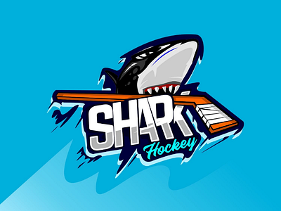 Shark hockey team anger angry animal animals arm background badge big blue cartoon character club dangerous design emblem fish game graphic hockey hockey stick