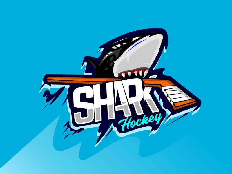 Shark hockey team hockey stick hockey graphic game fish emblem design dangerous club character cartoon blue big badge background arm animals animal angry anger
