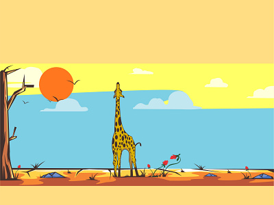 giraffe and nature age andscape animal background beautiful cartoon giraffe grass green illustration mammal nature outdoor river safari scene summer vector wild wildlife