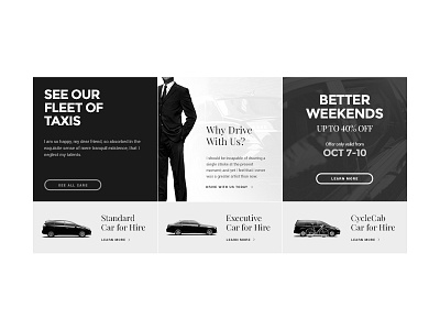 Advertisement and Entry Points Layout banners car hire entry points fleet greyscale posh rental taxi webdesign website