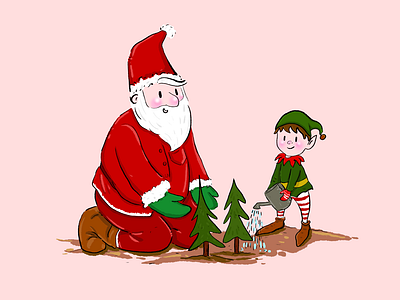 Santa and his elves plant more trees! elves illustrate illustration art illustrations popular santa claus