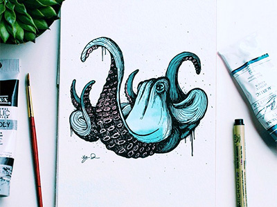 O is for Octopus 8 animal drip ink ocean octopus sketch sketchbook spray paint sucker watercolor
