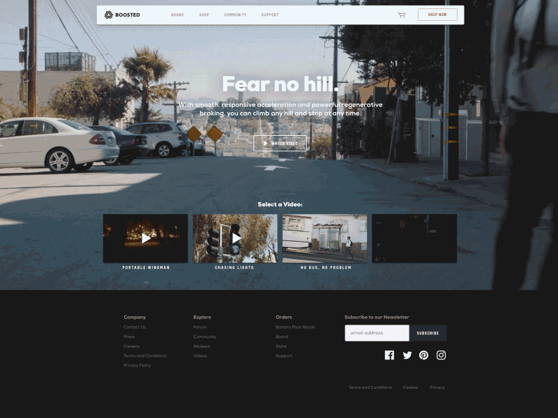 Boosted Boards Video Landing Page boosted longboard skate skateboard play background video youtube campaign homepage landing page video