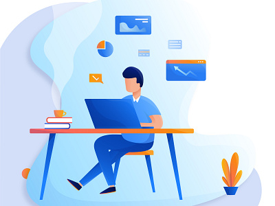 Office work concept illustration with happy male office work app branding design icon illustration logo typography ui ux vector