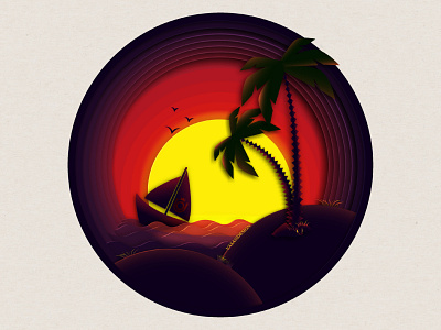 The Sunset art artwork boat design illustration illustrator memory nature palm palm trees papercut scenery sea