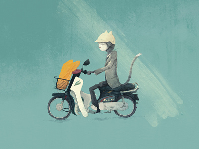 Grandfather on Honda Dream with baguette art cat illustration motorbike photoshop