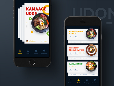 Japanese cooking's front screens app button card dark food icon interface menu style udon ui vegetables
