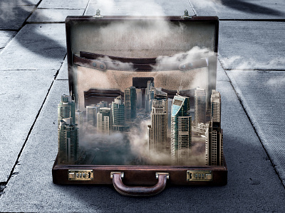 Living out of a briefcase 💼 briefcase city clouds collage design hyper real hyperreal hyperrealism image manipulation manipulation photoshop realism skyline surreal surrealism travel weather