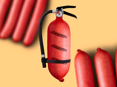 Hunger Extinguisher eat eating fire fire extinguisher food funny humor humour image manipulation montage photo manipulation photoshop red sausage snack