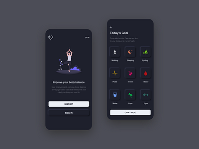 Health app buttons colors icons illustraion neomorphism night mode uidesign