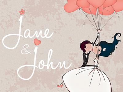 In The Air balloons bride groom illustration invitation card retro vintage wedding