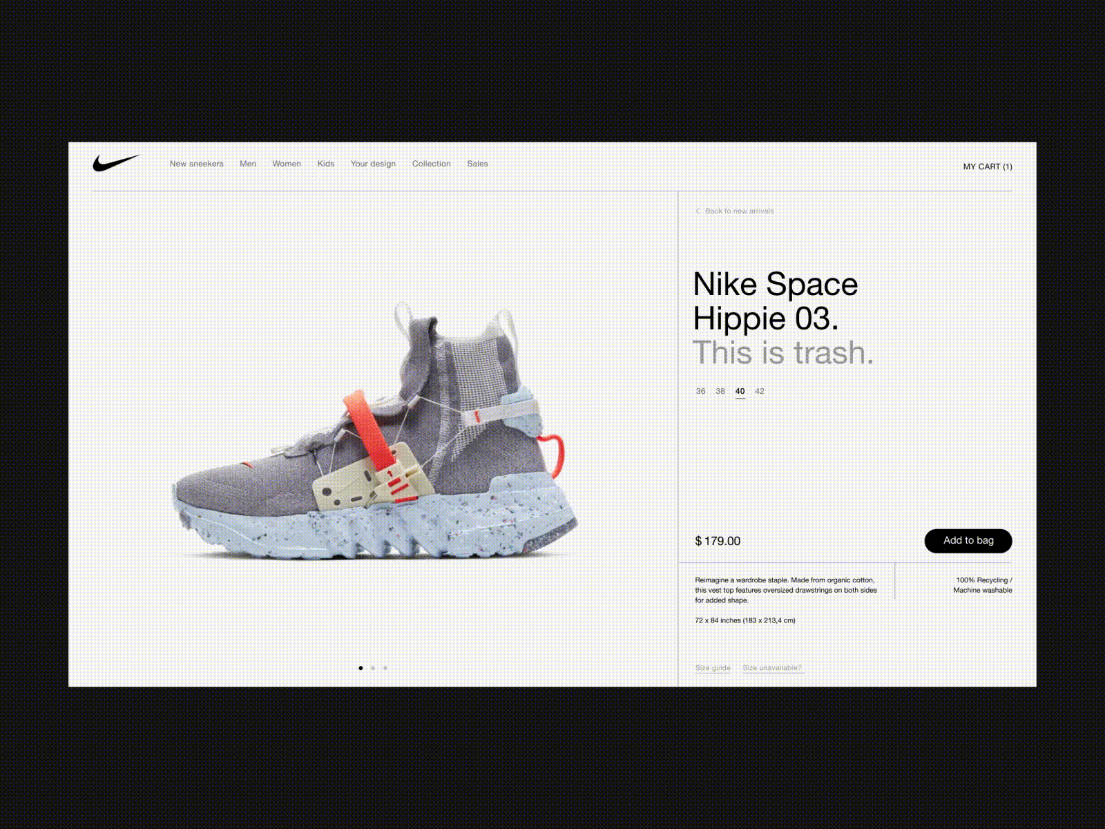 Nike Space Hippie Cart adding adidas aftereffects bag buying card cart clothing gallery grid helvetica nike purchase shoes size slider sneekers store swiss video