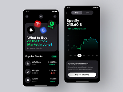 Investment Broker and Media app apple black blur brands composition crypto dark glass graphs green investing investment media mobile price spotify stock ux