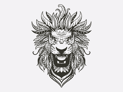 lion head ornamental inking illustration black white drawing handmade illustration illustrator inking