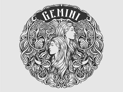 gemini zodiac illustration art black white design doodle drawing illustration inking ornament tshirt vector zodiac