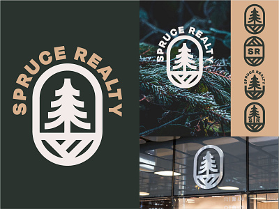 Spruce Realty brand branding evergreen forest green icon iconography logos outdoor logo outdoors pine pine tree real estate realty simple design simple logo spruce tree typography yellow