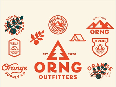 ORNG Outfitters 01 badge badge design branding caligraphy camping logo cream fruits green iconography illustration mountains national park orange outdoor outdoors ranger tents trees typography