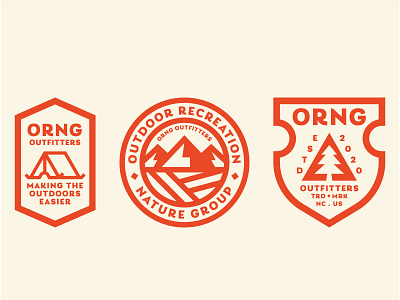 ORNG Outfitters 02 badge badge design badge icon badge logo badgedesign branding camping cream green iconography minimalistic mountains orange outdoor badge outfitters pine tree simple tent tree