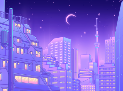 Tokyo Nights 80s aesthetic anime city illustration japan japanese art lavender pastel sailormoon