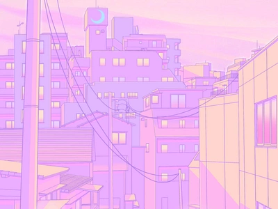 City at Dusk 80s aesthetic anime city illustration japan japanese japanese art lavender lofi nostalgia pastel pink sailormoon tokyo vaporwave