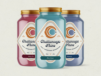 Chattanooga Shine - Bottles alcohol badge branding c chattanooga feather flavors logo mockup moonshine packaging tennessee