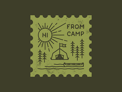 Hi From Camp Stamp camp canoe green logo stamp sun tent texture trees vector water
