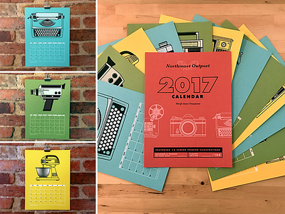 2017 Wall Calendar calendar camera french paper handmade illustration projector radio screen print silkscreen telephone television typewriter