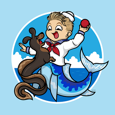 A Merboy and his Sea Dog animal art cartoon character character design illustration mermaid nautical vector