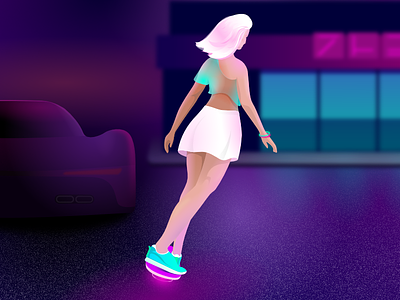 Girl with hoverboard 80s cafe california character city cyberpunk dawn evening future game girl hoverboard illustration japan neon night skate skater store video game
