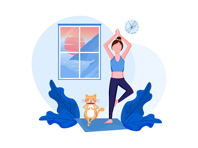 Yoga girl illustration 2020 trend activity animals cat character exercise fitness flat girl illustration quarantine stay fit stay home vector yoga