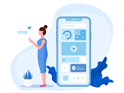 Mobile app illustration 2020 trend activity app illustration blue character flat girl illustration landing page leaf stay home women