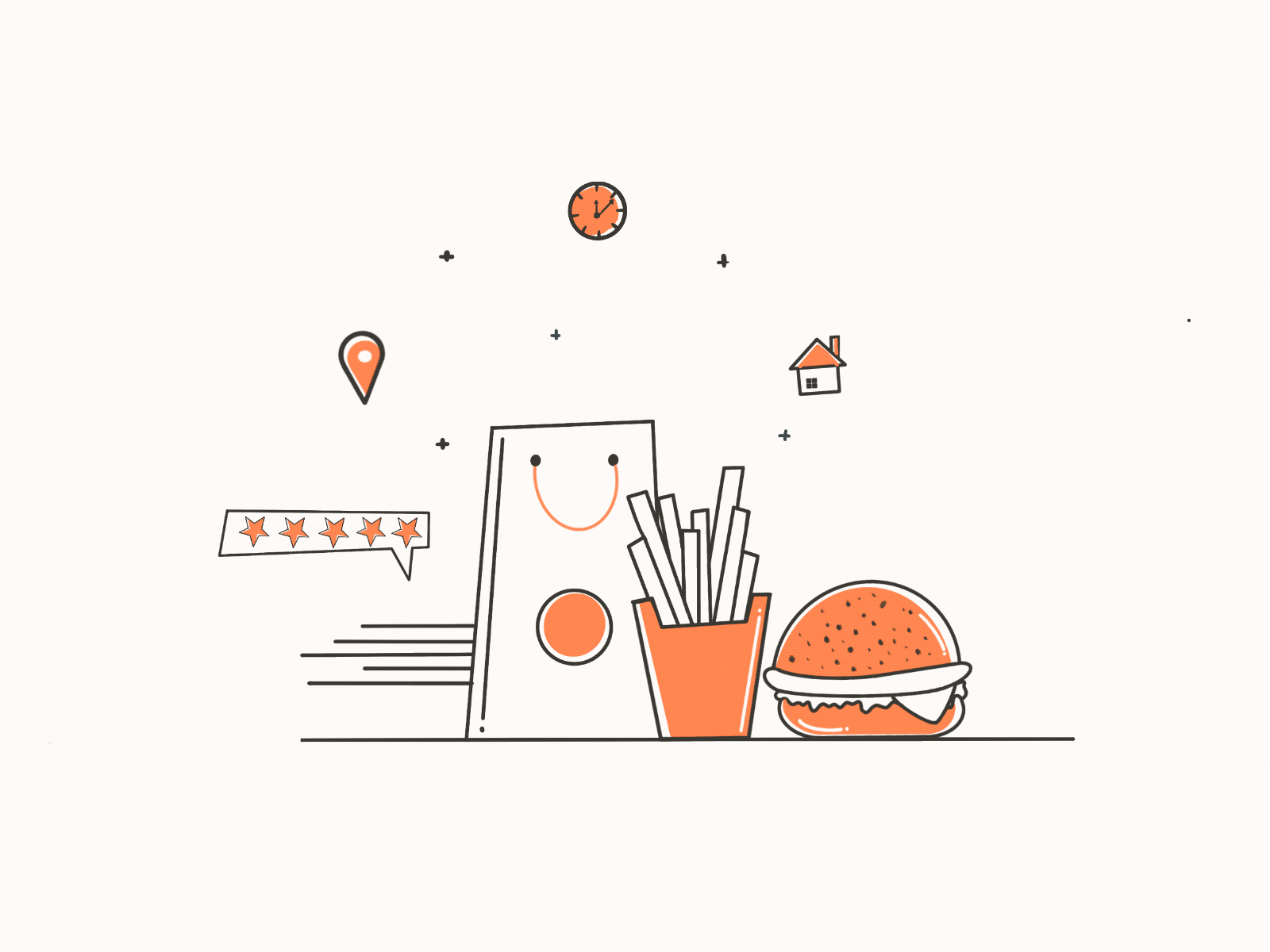 Food Delivered 2022 trend animation bag burger flat food food app food delivery fries illustration lineart on boarding rating review ui vector