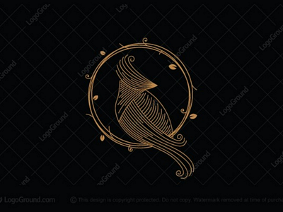 Elegant Bird Logo for sale bird branding feminine gold golden jewellery jewelry leaf leaves lines logo luxurious luxury nest sweet