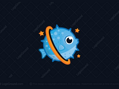 Fish Planet logo (SOLD) blow blowfish branding bubble cute fish fishing games kids logo logos marine planet puffer pufferfish round sky space stars