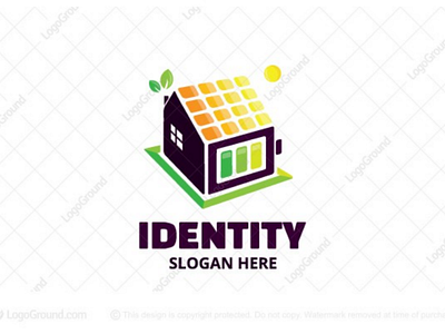 Solar Powered Home Logo for sale battery branding cells electricity energy green home house leaf leaves logo logos natural nature panels power real estate solar sun