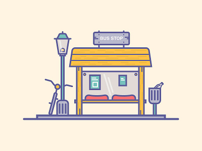 Bus Stop bus city color flat house icon illustration line minimal stop strokes