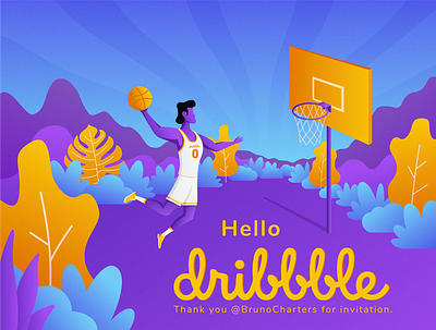 Hello Dribbble basketball character debut first shot flat design hello dribbble illustration