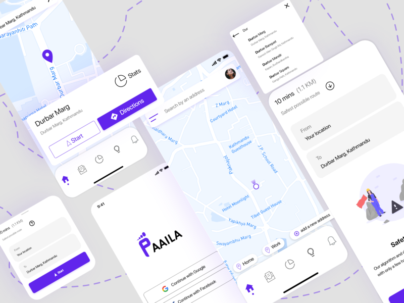 Paaila app | Login and Home screen with directions adobe xd adobexd app directions illustration interface map minimal minimal ui mobile ui navigation ui user experience ux