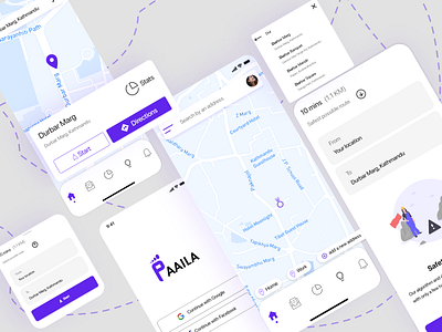 Paaila app | Login and Home screen with directions adobe xd adobexd app directions illustration interface map minimal minimal ui mobile ui navigation ui user experience ux