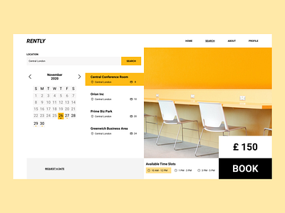 Dashboard for Rently booking calendar conference conference hall dashboard design location office office space rent renting search startup time ui uiux ux web design yellow